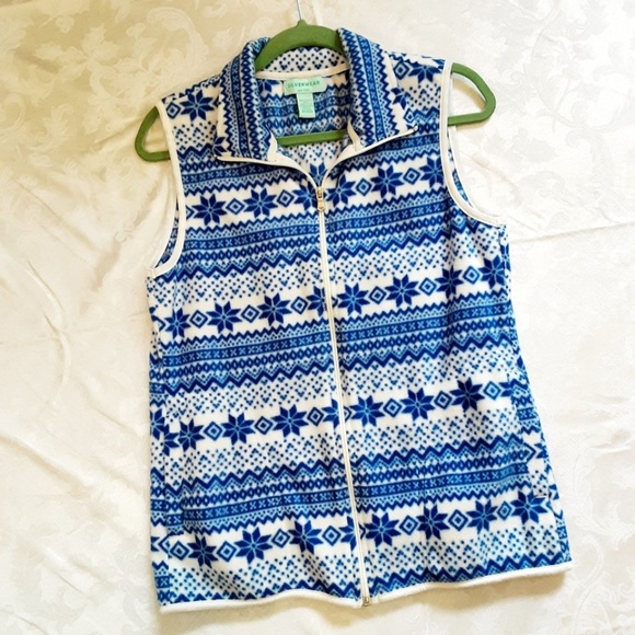 Fleece Vest Sleeveless Full Zip Blue White Nordic Snowflake Sz M - Picture 13 of 13